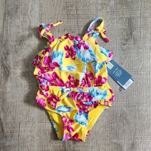 Genuine Kids Yellow Floral Baby Swimsuit NWT - Picture 1 of 4